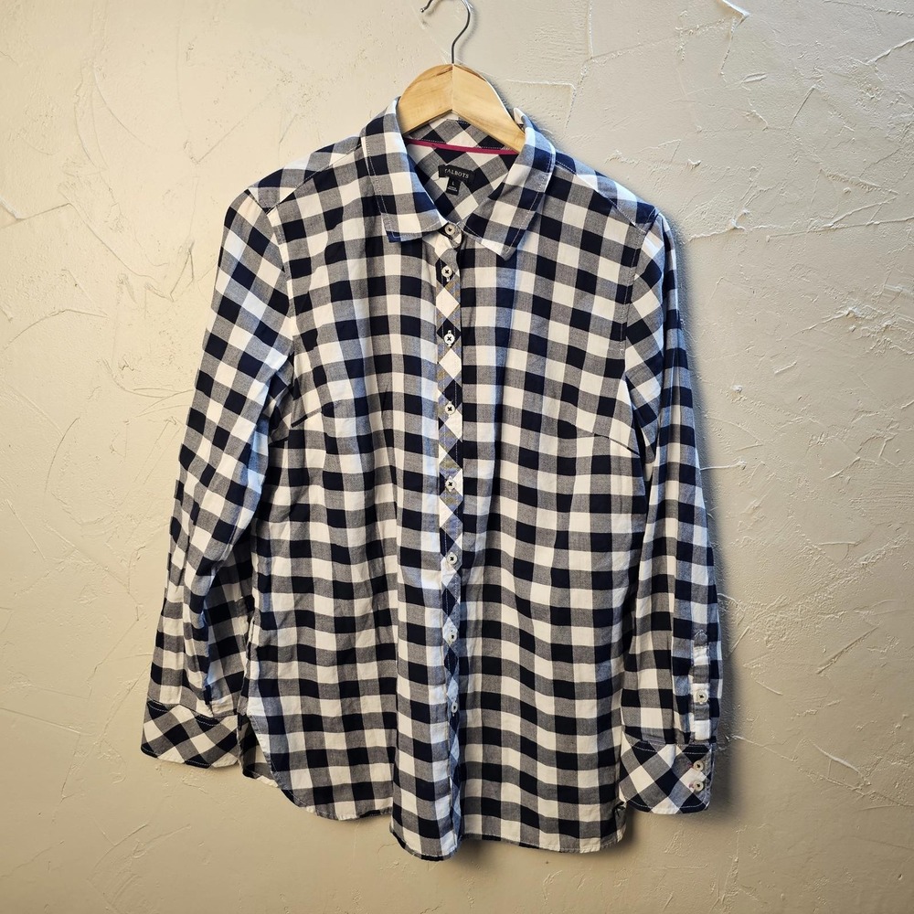Talbots Classic Black and White Checkered Button-Up Shirt Large
